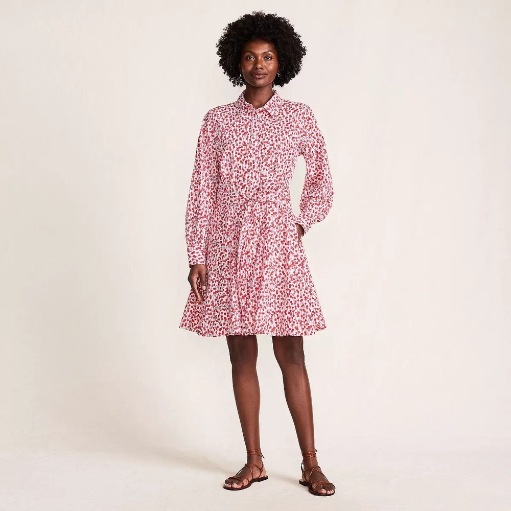 Lands' End Cotton Poplin Belted Button Front Floral Shirt Dress Godets Size L - Picture 1 of 9